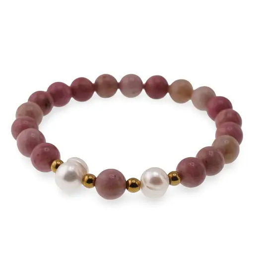 Bratara pe elastic Perle de cultura, bumbi aurii si Rodonit roz sfere 8mm, imagine 2