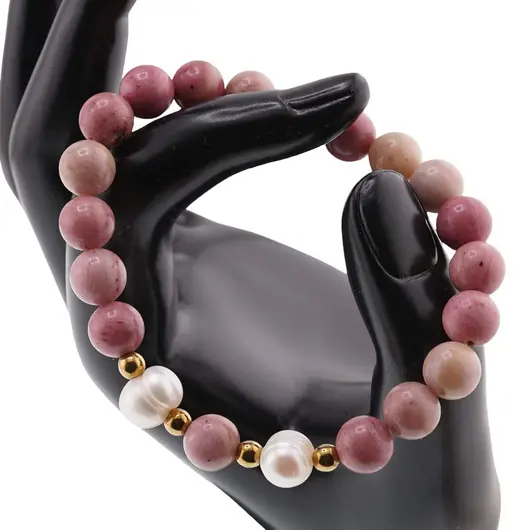 Bratara pe elastic Perle de cultura, bumbi aurii si Rodonit roz sfere 8mm, imagine 3