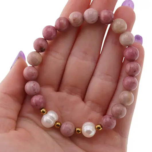Bratara pe elastic Perle de cultura, bumbi aurii si Rodonit roz sfere 8mm, imagine 4
