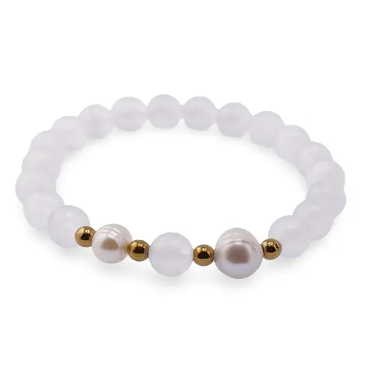 Bratara pe elastic Perle de cultura, bumbi aurii si Selenit sfere 8mm, imagine 2