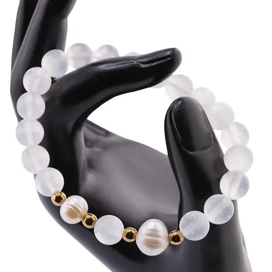 Bratara pe elastic Perle de cultura, bumbi aurii si Selenit sfere 8mm, imagine 3