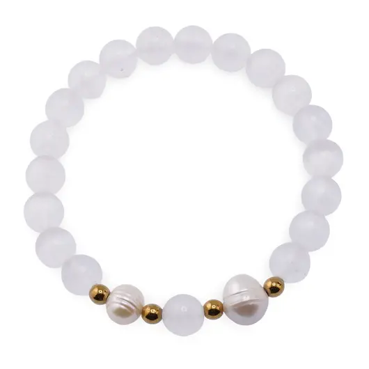Bratara pe elastic Perle de cultura, bumbi aurii si Selenit sfere 8mm
