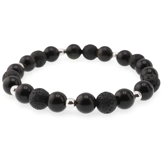 Bratara pentru barbati Obsidian auriu, Roca vulcanica sfere 8mm si elemente argintii pe elastic, imagine 2