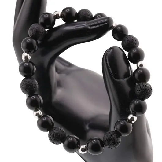 Bratara pentru barbati Obsidian auriu, Roca vulcanica sfere 8mm si elemente argintii pe elastic, imagine 3