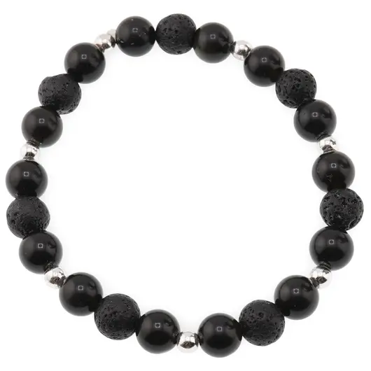 Bratara pentru barbati Obsidian auriu, Roca vulcanica sfere 8mm si elemente argintii pe elastic