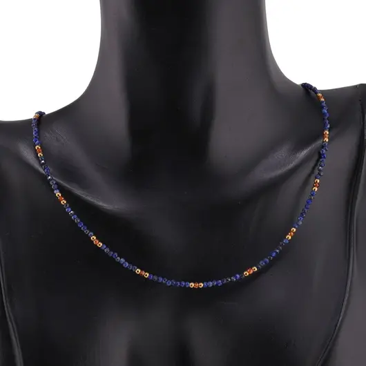 Colier Lapis lazuli si Granat hessonit sfere microfatetate 2mm cu inox auriu, imagine 2