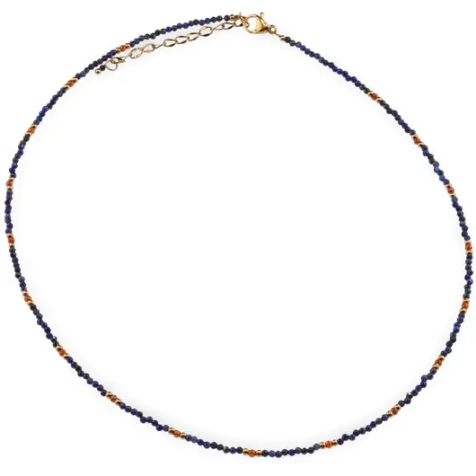 Colier Lapis lazuli si Granat hessonit sfere microfatetate 2mm cu inox auriu