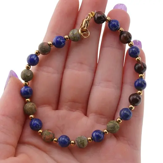 Bratara Lapis lazuli, Ochi de taur si Unakit mat sfere 6mm cu inox auriu, imagine 4