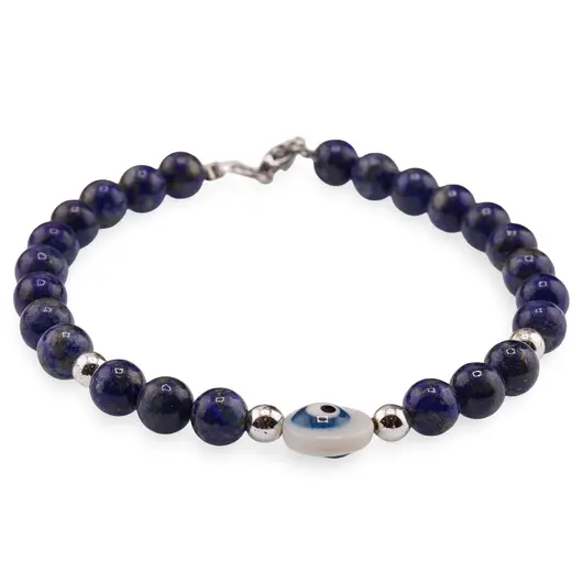 Bratara Lapis lazuli sfere 6mm cu Ochi protector si bumbi inox argintiu, imagine 2