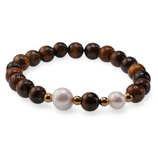Bratara pe elastic Perle de cultura, bumbi aurii si Ochi de tigru sfere 8mm, imagine 2