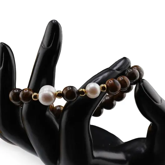 Bratara pe elastic Perle de cultura, bumbi aurii si Ochi de tigru sfere 8mm, imagine 3