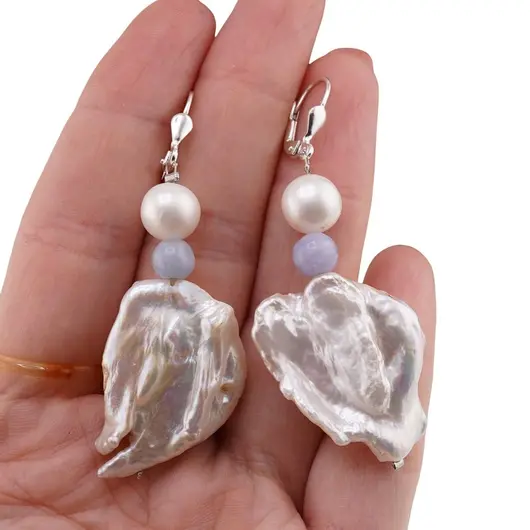 Cercei cu agatatoare Perle de cultura Baroque si Angelit sfere 6mm cu Argint 925, imagine 4