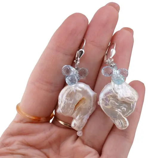 Cercei cu agatatoare Perle de cultura Baroque si Topaz briolete fatetate 8mm cu Argint 925, imagine 4