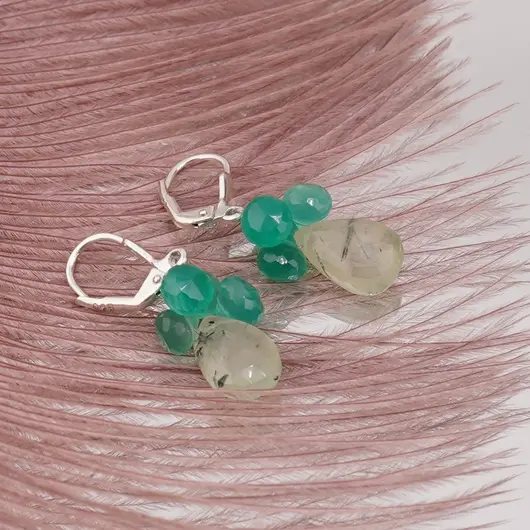 Cercei cu agatatoare Prehnit briolete fatetate 12mm si Onix verde briolete fatetate 6mm cu Argint 925, imagine 2