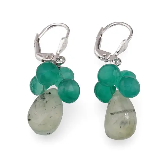 Cercei cu agatatoare Prehnit briolete fatetate 12mm si Onix verde briolete fatetate 6mm cu Argint 925