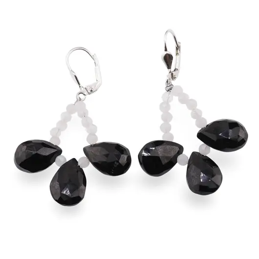 Cercei cu agatatoare Turmalina neagra briolete fatetate 12mm si Piatra lunii sfere fatetate 3mm cu Argint 925