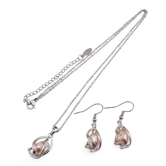 Set cercei si colier Perle de Cultura crem in montura, 20mm