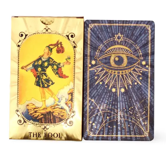 Tarot cu Folie Albastra si Aurie, Ochiul Atotvazator, THE FOOL – cu brosura explicativa - 78 de carti, imagine 2