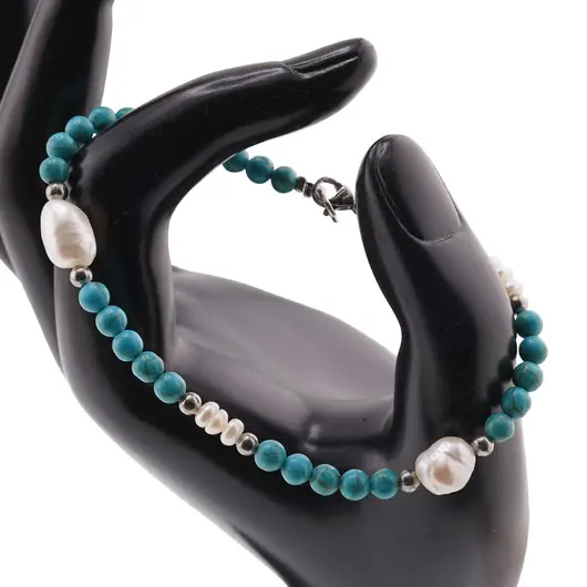 Bratara Turcoaz sfere 4mm, Perle de cultura 4-8mm si bumbi argintii, imagine 3