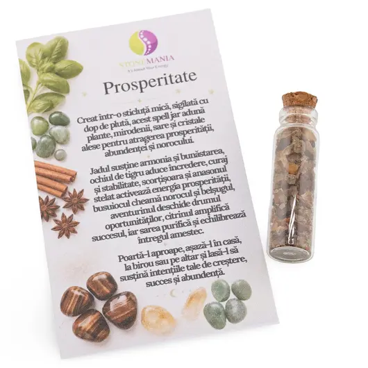 Spelljar pentru pentru PROSPERITATE cu ierburi si cristale naturale in sticluta cu dop de pluta, imagine 2