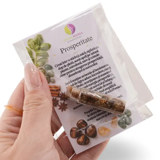 Spelljar pentru pentru PROSPERITATE cu ierburi si cristale naturale in sticluta cu dop de pluta, imagine 5