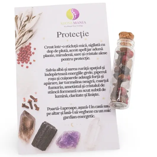 Spelljar pentru pentru PROTECTIE cu ierburi si cristale naturale in sticluta cu dop de pluta, imagine 2