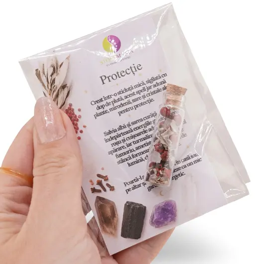 Spelljar pentru pentru PROTECTIE cu ierburi si cristale naturale in sticluta cu dop de pluta, imagine 5
