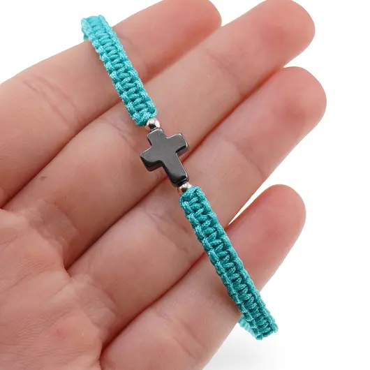 Bratara impletita reglabila si cruce din Hematit, snur albastru - 10mm, imagine 4
