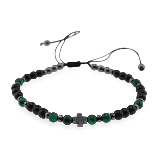 Bratara reglabila Hematit, Onix si Malachit sfere cu cruciulita, 4mm, imagine 2