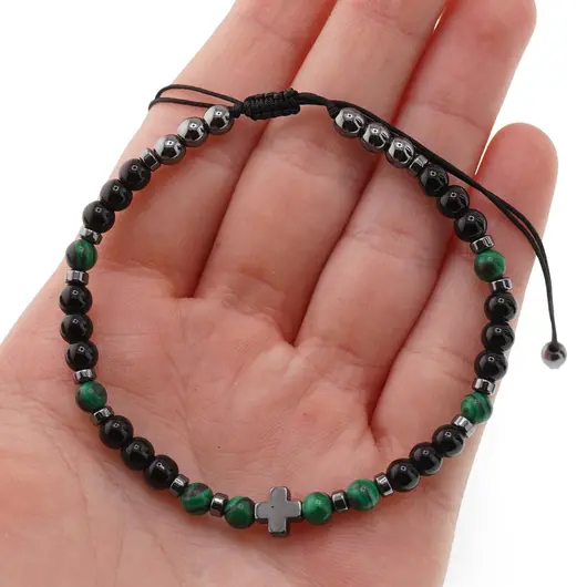 Bratara reglabila Hematit, Onix si Malachit sfere cu cruciulita, 4mm, imagine 4