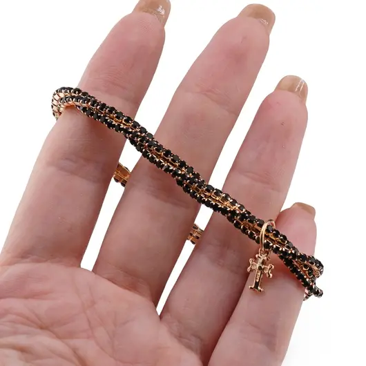 Bratara aurie pe elastic cu trei randuri si cruce, zirconii negre, imagine 3