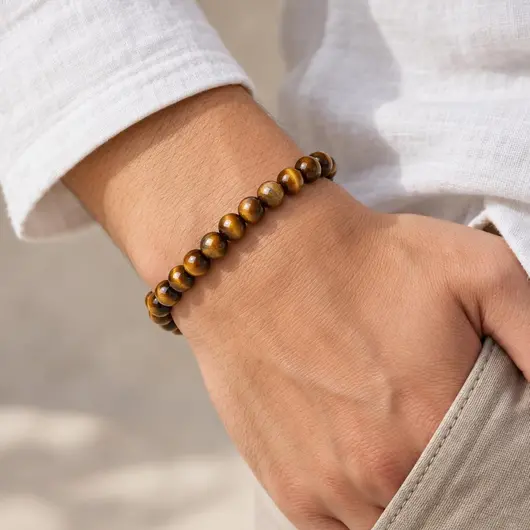 Bratara din ochi de tigru, sfere 6 mm, pe elastic, lungime 19 cm – imagine de prezentare în context