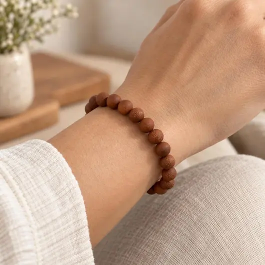 Bratara goldstone cu sfere mate de 8 mm, elastic, lungime 19 cm – imagine de prezentare în context