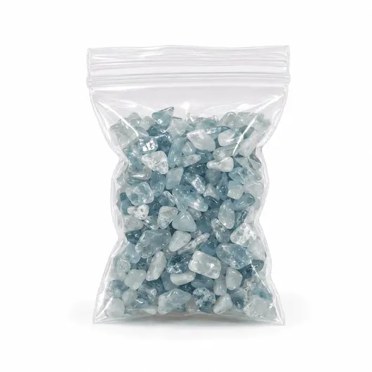Cristale chips de acvamarin, 25 g in punguta, pietre de 7-9 mm