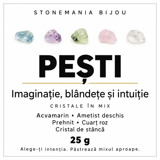 Mix cristale chips pentru zodia Pesti, 5 pietre de 7-9 mm, 25 g, cu cartonas