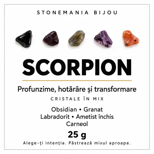 Mix cristale chips pentru zodia Scorpion, 5 pietre, 25 g, 7-9 mm, cu cartonas