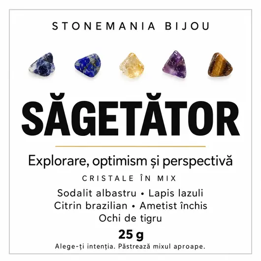 Mix de 5 cristale chips pentru Sagetator, pietre 7-9 mm, 25 g, cu cartonas informativ