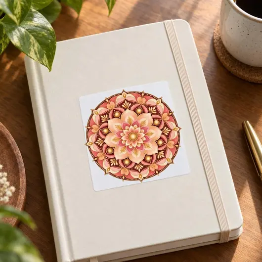Sticker decorativ din PVC cu mandala recunostintei, patrat 5 x 5 cm, fundal alb – imagine de prezentare în context