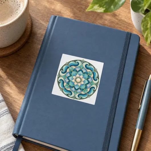 Sticker decorativ din PVC cu mandala pentru liniste, patrat, 5 x 5 cm, fundal alb – imagine de prezentare în context