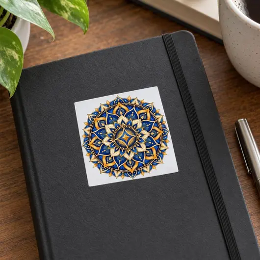 Sticker decorativ din PVC cu mandala pentru succes, patrat, 5 x 5 cm, fundal alb – imagine de prezentare în context
