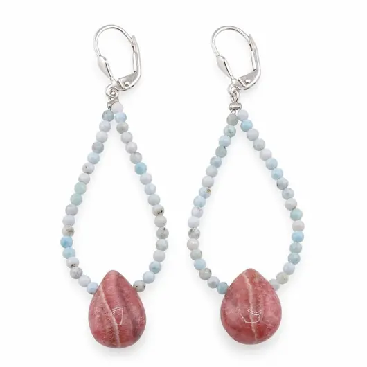 Cercei cu agatatoare Larimar sfere microfatetate 2mm si Rodocrozit brioleta 15mm cu Argint 925 – produs pe fundal alb