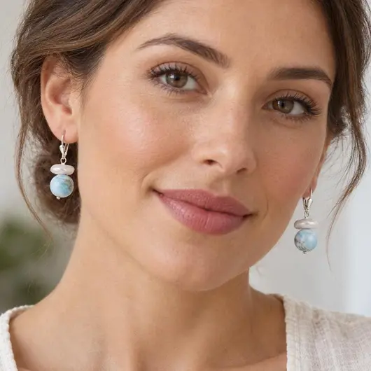 Cercei cu agatatoare Perle de cultura discuri 14mm si Larimar sfere 15mm cu Argint 925 – imagine de prezentare în context