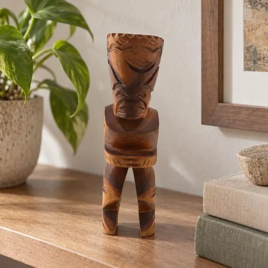 Statueta tiki vintage din lemn sculptat manual, model polinezian, 20cm – imagine de prezentare în context