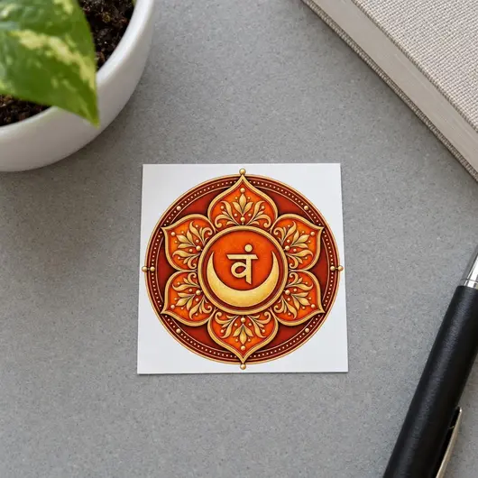 Sticker Svadhishthana din PVC, chakra sacrala, patrat 5 x 5 cm, fundal alb – imagine de prezentare în context