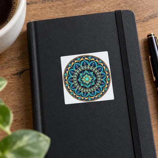 Sticker decorativ din PVC, mandala de protectie, patrat 5 x 5 cm, fundal alb – imagine de prezentare în context