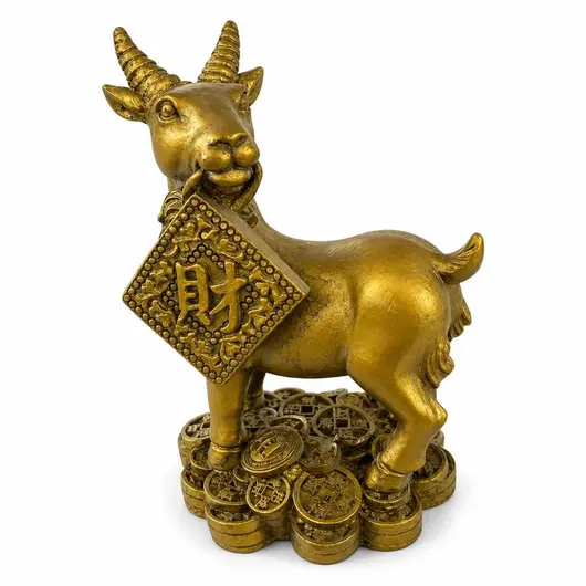 Statueta Feng Shui din rasina aurie, capra cu talismanul Bogatiei, 10 x 7 cm – produs pe fundal alb