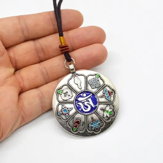 Amuleta Feng Shui din metal cu zodiac si 8 simboluri, argintie, 48mm