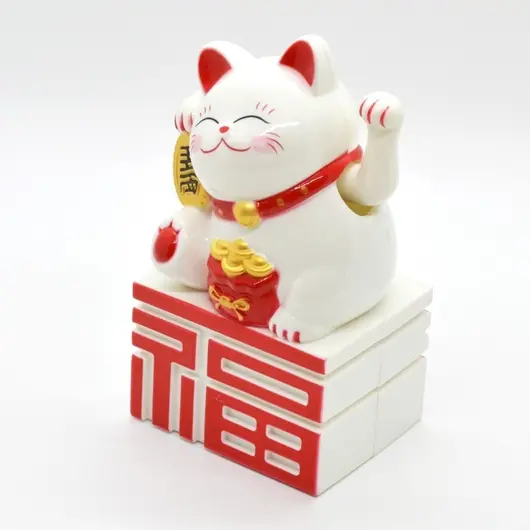 Pisica norocoasa Maneki Neko alba cu ideograma 10cm