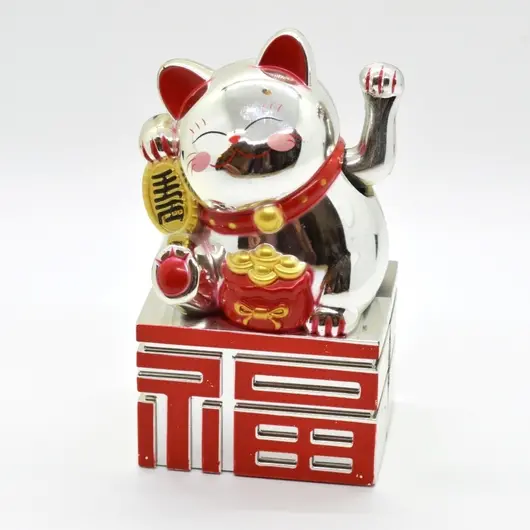 Pisica norocoasa Maneki Neko argintie cu ideograma 10cm