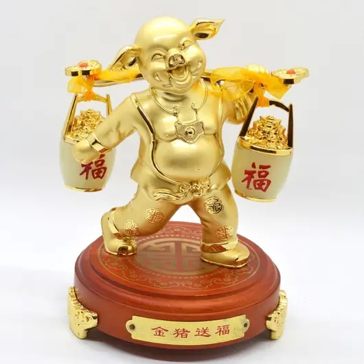 Statueta Feng Shui Porc auriu din metal cu Ru Yi 16cm